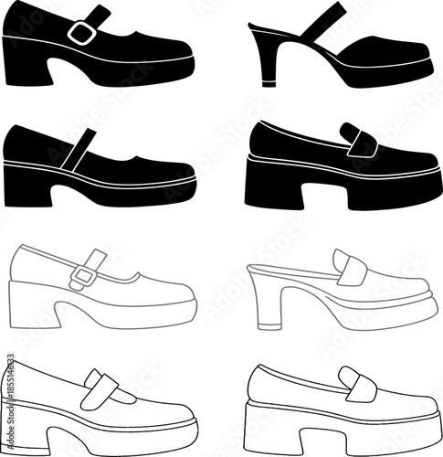 A collection of stylized women s shoes both black and white displayed as icons