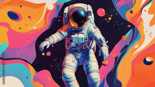 Vibrant space journey: astronaut floating amidst colorful abstract universe