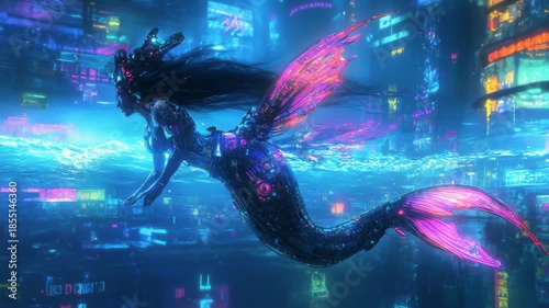 Neon mermaid gliding through futuristic cityscape illuminated by vivid lights