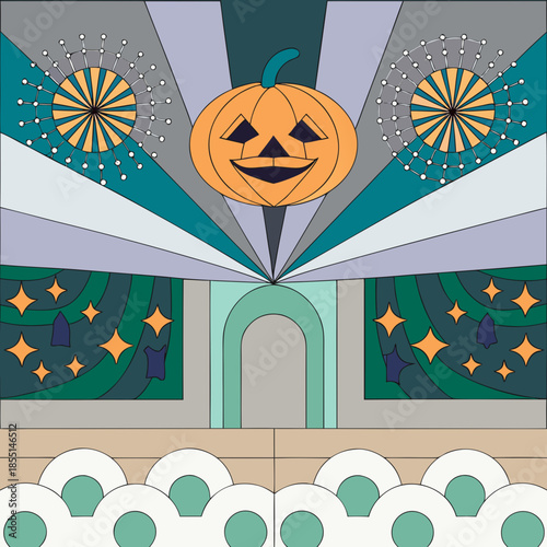 Party Banner With Pumpkin Icon And Fireworks Cele