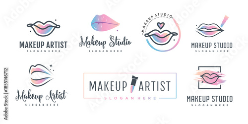 Makeup beauty logo design for fashion with creative element Premium Vector