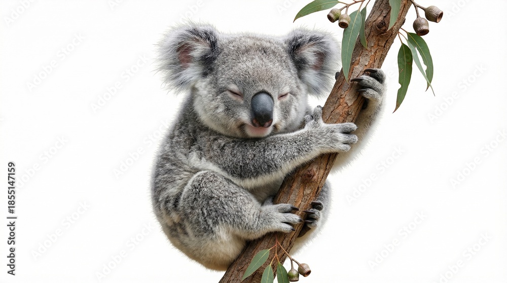 Naklejka premium A fluffy koala hugging a branch isolated on a white background