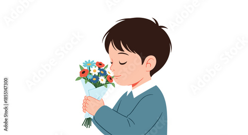 Sweet cartoon illustration of a young boy with closed eyes smelling a colorful bouquet of flowers for spring and love themes.