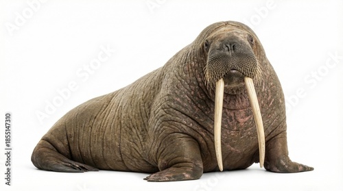 A large walrus with long tusks isolated on a white background