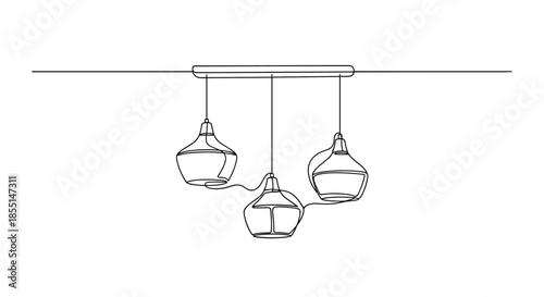 Continuous line drawing of three stylish modern pendant light fixtures hanging from a ceiling for interior lighting concepts.