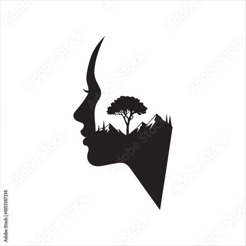 Woman face silhouette with tree landscape double exposure vector art