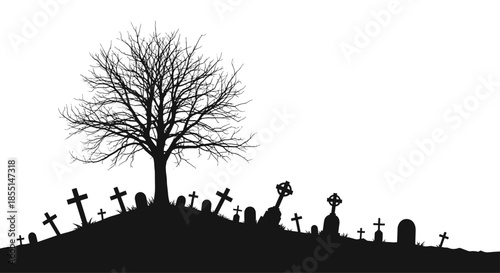 Dark silhouette of a spooky graveyard with various tombstones and a large bare tree for Halloween and horror related designs.