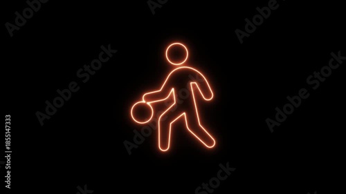 Orange Neon basketball player outline animation against black background. Neon Icon. Neon Sign