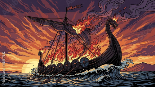 Viking Longship ablaze: A striking illustration of a Viking longship engulfed in flames sails defiantly through turbulent waters under a dramatic sunset, embodying the spirit of Norse adventure.