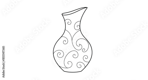 Simple line drawing of a decorative ceramic vase featuring intricate swirl and spiral patterns for interior decoration art.