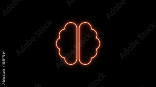 Orange glowing neon brain outline on black background. Neon Icon. Neon Sign