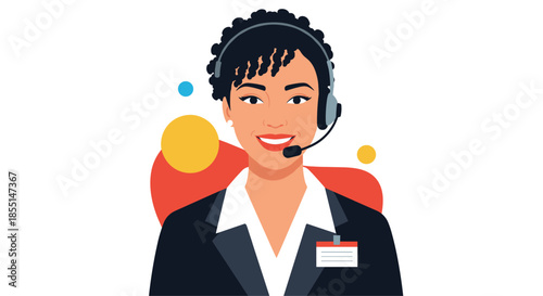 Professional portrait of a smiling female customer support agent wearing a headset and name tag for business help concepts.