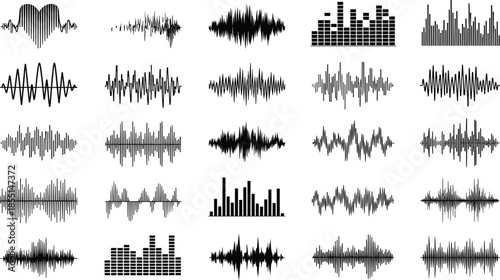 Audio waveform and equalizer icons collection, sound frequency signals for music, podcast, recording and media projects, vector illustration