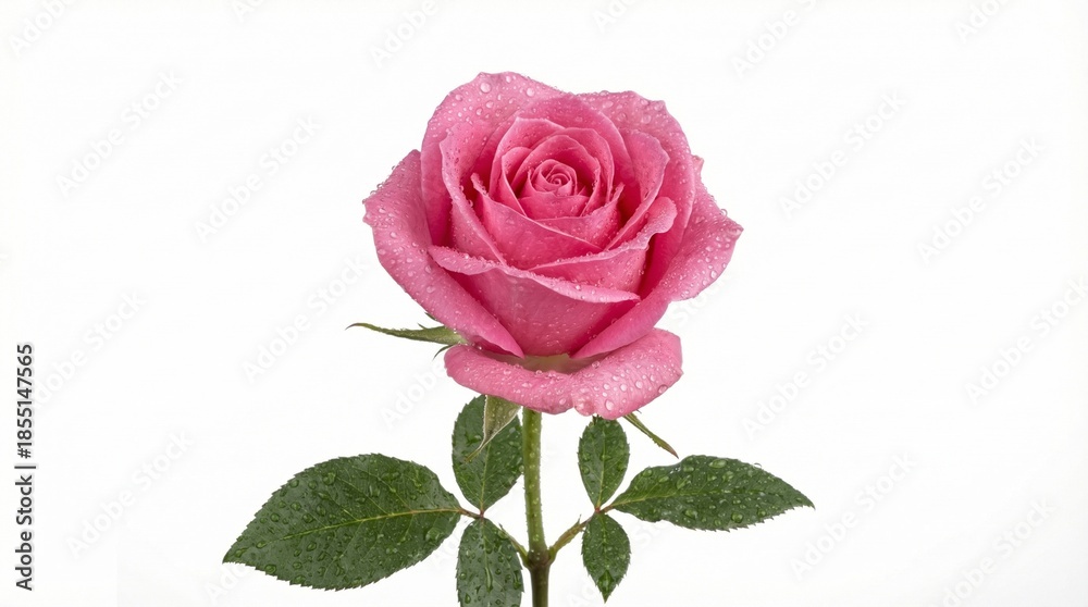 Fototapeta premium A pink rose with morning dew isolated on a white background