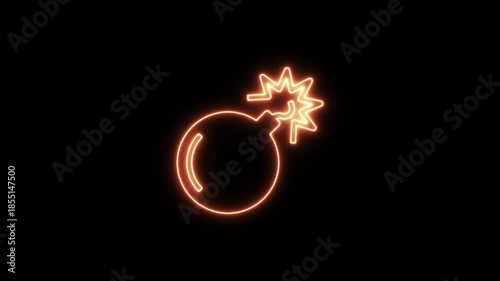 Orange neon bomb with lit fuse stands out starkly on dark background. Neon Icon. Neon Sign