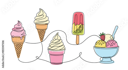 Creative continuous line drawing connecting various ice cream treats including cones, a cup, a popsicle, and a bowl with fruit.