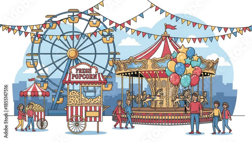Joyful Carnival: Capturing the vibrant atmosphere of a county fair, where families and friends gather amidst exciting rides and festive treats. Balloons float in the air.