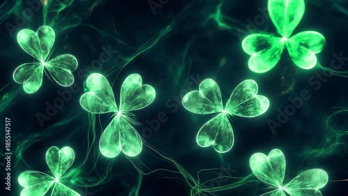 Glowing shamrocks dance in mystical nighttime forest scene