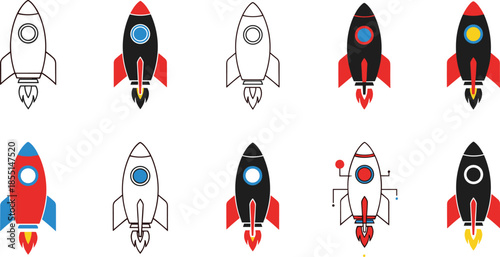 Rocket launch icons collection, startup growth, space exploration and business innovation symbols for digital design projects, vector illustration