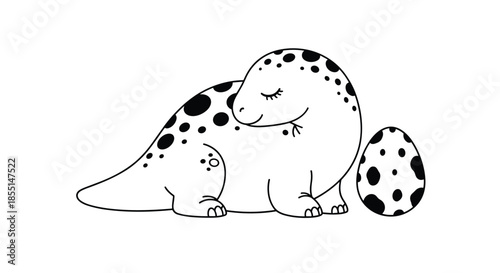 Cute line drawing of a baby dinosaur with black spots sitting peacefully next to a large spotted egg on a white background.