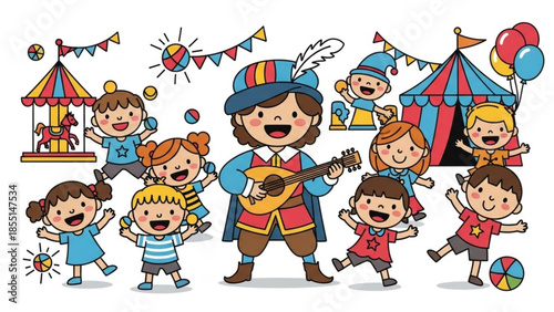 Joyful Circus Spectacle: A vibrant illustration capturing the enchantment of a circus, where cheerful performers and delighted children gather. The artist creates a world of wonder.