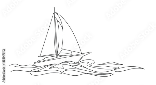 Dynamic continuous line drawing of a sailboat with its sails full of wind gliding across the crests of ocean waves.