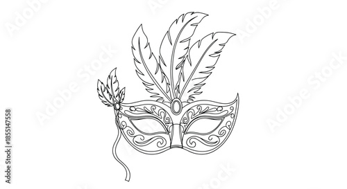 Ornate line drawing of a carnival masquerade mask decorated with long feathers and intricate scrollwork patterns for a party.