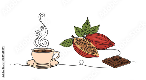 Elegant continuous line drawing of a hot cup of coffee, a whole and halved cocoa pod, and a bar of dark chocolate with leaves.