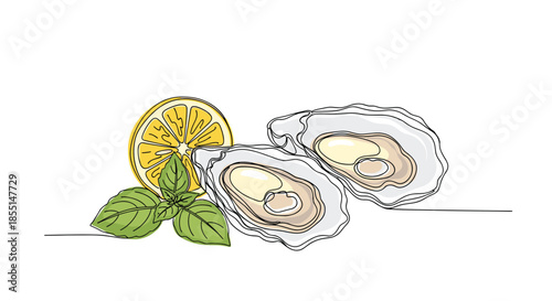 Stylish continuous line drawing of two open oysters served with a fresh lemon slice and a sprig of green herbs for gourmet dining.