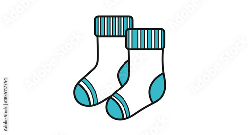 Simple icon of a pair of blue and white baby socks with striped cuffs and solid heels and toes isolated on a white background.