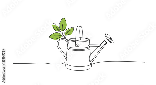 Minimalist continuous line drawing of a garden watering can with a fresh green leafy sprout growing out of its top on a white background.
