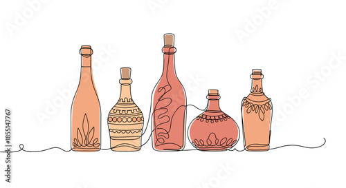 Stylish continuous line drawing of a series of decorative glass bottles of different shapes and sizes in warm earth tones for interior.