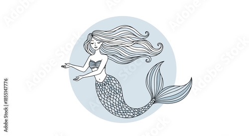 Elegant line art illustration of a beautiful mermaid with long flowing hair and a detailed fish tail against a light blue circle.