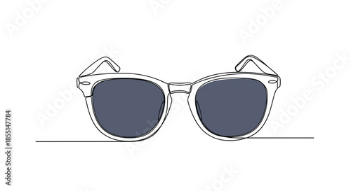 Minimalist continuous line drawing of modern sunglasses with dark lenses and a thin frame isolated on a plain white background.