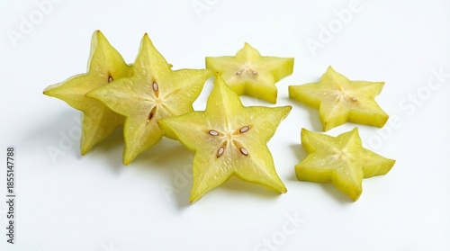 A starfruit cut into star shapes isolated on a white background