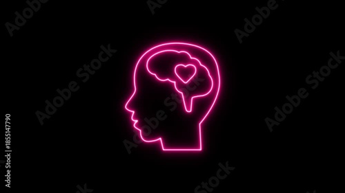 Pink neon icon animation of human head with heart in brain. Neon Icon. Neon Sign