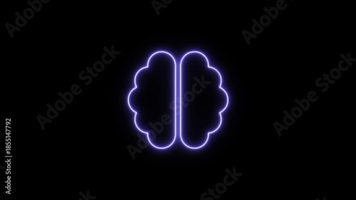Purple glowing brain icon neon animation on black background. Neon Icon. Neon Sign
