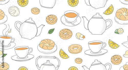 Charming seamless pattern featuring white teapots, cups of tea, lemon slices, donuts, and various pastries in a hand-drawn style.