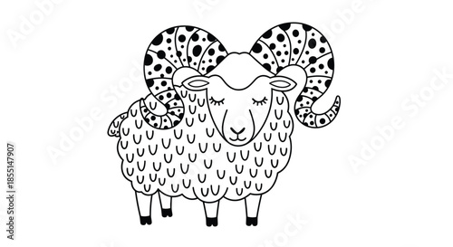 Decorative ram with elaborately patterned horns and wool is rendered in a clean black and white line art illustration style.