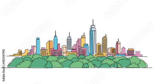 Urban city skyline with colorful skyscrapers stands tall behind a row of green bushes in a continuous line drawing style.