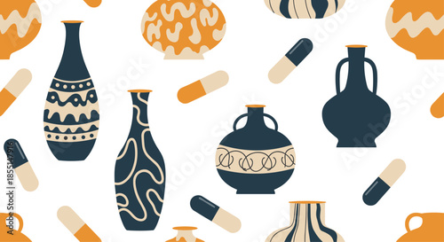 Seamless pattern features stylized ancient vases and pill shapes in a contrasting color palette of navy blue and warm orange.