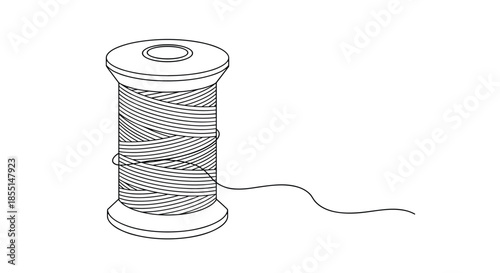 Traditional wooden spool of thread is presented in a simple black and white line drawing with realistic winding details.