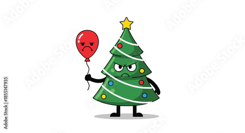 Grumpy green Christmas tree character holds a matching angry red balloon in this funny and unique holiday cartoon illustration.