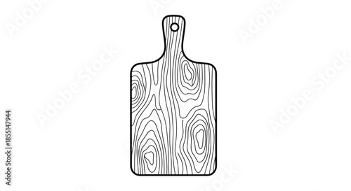 Wooden cutting board with detailed grain texture and a handle is shown in a clean and simple black and white line drawing.