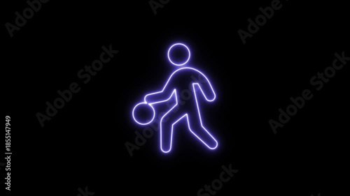 Purple Neon basketball player dribbling a basketball against a dark background. Neon Icon. Neon Sign