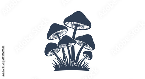 Small cluster of mushrooms grows from a patch of grass in this clean and solid dark silhouette illustration on white.
