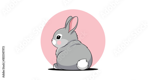 Adorable gray rabbit is viewed from the back while sitting inside a soft pink circle in this charming animal illustration.