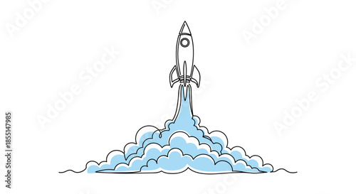 Rocket takes flight with billowing clouds of light blue smoke in a minimalist continuous line drawing against a plain background.