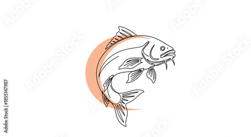 Powerful fish leaps gracefully out of the water against a soft peach-colored crescent shape in this elegant line drawing.