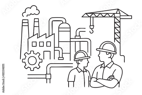 Industrial Construction Site and Engineers Line Art